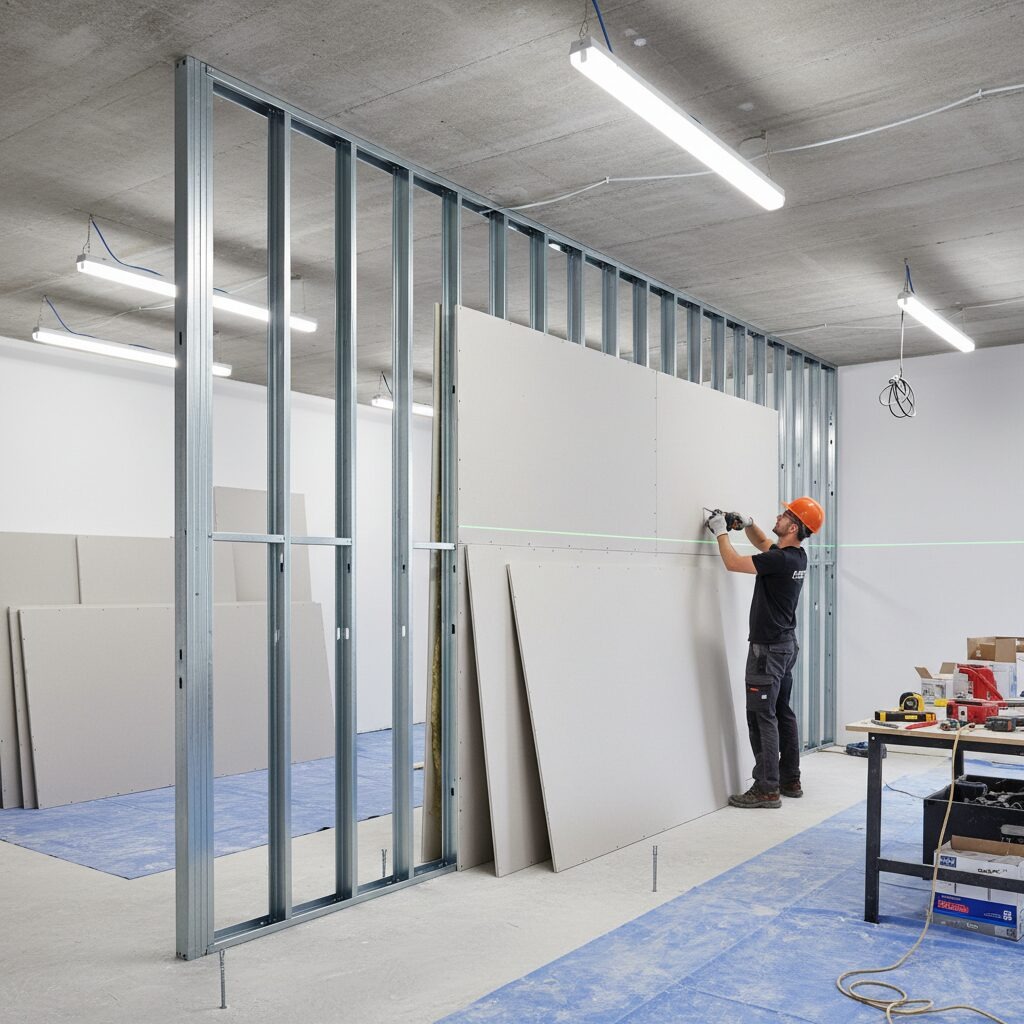 Profissional instalando placas de drywall em perfil metálico com nível a laser